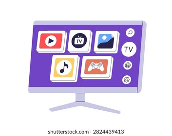 Smart TV, television, multimedia apps concept. Digital screen, computer monitor with streaming applications, video, music, game, internet content. Flat vector illustration isolated on white background