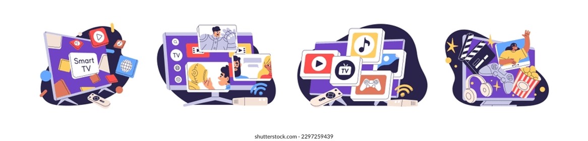 Smart TV, television, online entertainment media concept. Streaming video services, multimedia platforms for watching movies, films, series. Flat vector illustrations isolated on white background