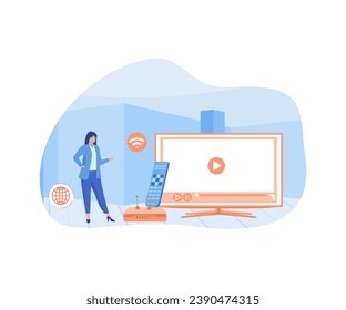 Smart tv. Tiny people watch video with remote control and television multimedia box. flat vector modern illustration 