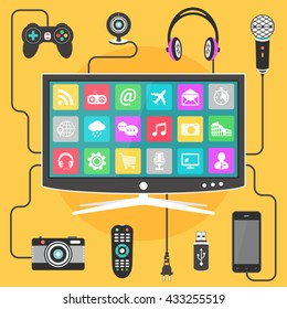 Smart TV vector design template. Modern digital devices connected to a television.