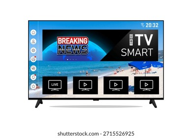 Ilustración vectorial de Smart TV Arte vectorial moderno de Smart TV para el diseño de interfaces. Vector realista de Smart TV para maquillaje de Tecnología. Elegante televisor y control remoto para App y marca