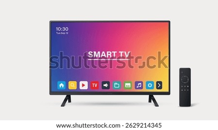 Smart TV Vector Illustration with Remote Control. Modern Smart TV Vector Art for Interface Design. Realistic Smart TV Vector for Technology Mockup. Stylish Television and Remote for App and Branding