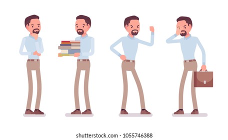 Smart unhappy middle aged man in buttoned up shirt and camel skinny chino trousers, negative emotions. Business stylish workwear trend and office city fashion. Vector flat style cartoon illustration