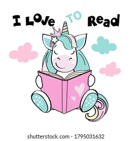 Smart unicorn reads a book. Back to school concept