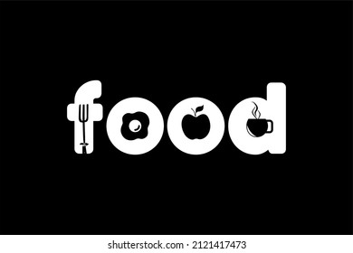 Smart Unique FOOD Lettering Logo Design With Fork, sunny side up, Apple, and drink