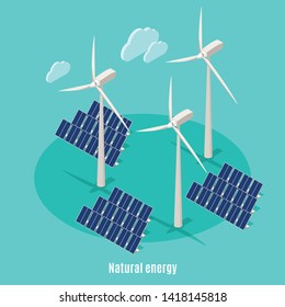 Smart urban ecology isometric background with text and images of windmills turbine towers and solar batteries vector illustration