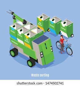 Smart urban ecology isometric background with images of bins for waste sorting and refuse collection vehicle vector illustration