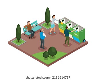 Smart urban ecology isometric composition with people sorting rubbish in park 3d vector illustration