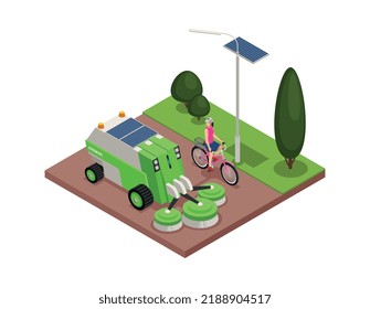 Smart urban ecology isometric composition with female cyclist and electric vehicle cleaning street 3d vector illustration