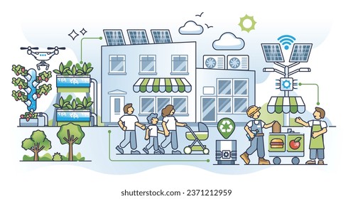 Smart urban living in sustainable and nature friendly city outline concept. Modern society with efficient waste management and ecological awareness vector illustration. Effective resource consumption