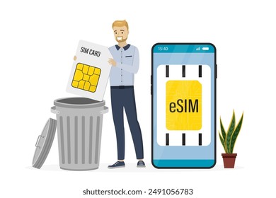 Smart user throws standard simcard out into trash can. Esim, smartphone with embedded sim card, modern technology. Electronic digital card microchip, new mobile communication technology. flat vector