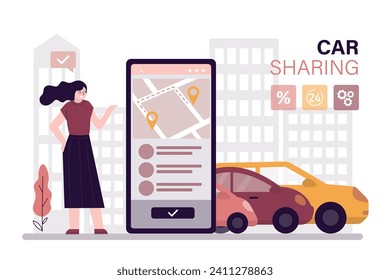 Smart user using online taxi. Woman ordering car sharing in mobile app. Transport car sharing application. Various cars. Customer standing near smartphone, screen with map and pointers. flat vector