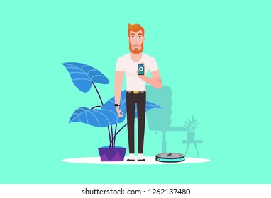 Smart vacuum cleaner on blue green background. The concept of a joyful buyer of home appliances. Smart, convenient cleaning, vacuum control using a smartphone. Flat cartoon illustration - vector