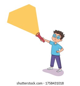 Smart vector boy with flashlight isolated on white background. Child illuminating imaginary wall. Happy childhood. Exciting recreation at escape quest room. Amusement entertainment in labyrinth maze