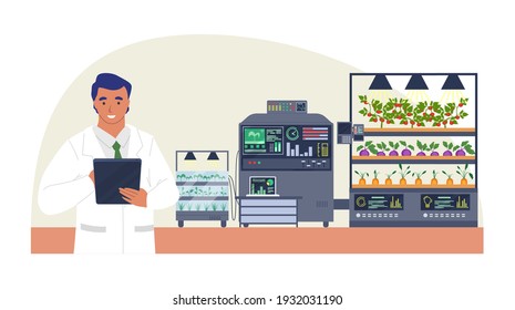 Smart vegetable farm, flat vector illustration. Automated growing of plants in greenhouse. Internet of things, wireless remote control, modern smart farming technology in agriculture.