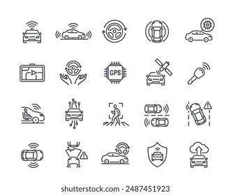 Smart vehicle line icons set. Symbols of car with autopilot or self driving, GPS system, cameras and radars. Editable stroke. Outline vector illustration collection isolated on white background