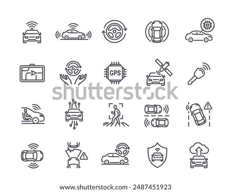 Smart vehicle line icons set. Symbols of car with autopilot or self driving, GPS system, cameras and radars. Editable stroke. Outline vector illustration collection isolated on white background