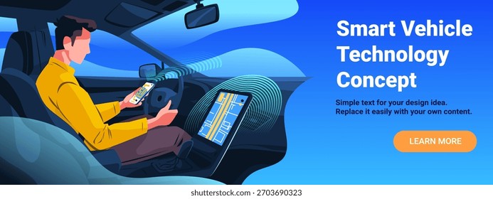 Smart Fahrzeug Technologie Konzept Mann Fahren Auto mit Navigation Digital Armaturenbrett blau Interieur moderne Design Banner