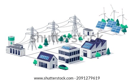 Smart virtual battery energy storage network with house office factory buildings, renewable solar panel plant station, wind and high voltage electricity distribution grid pylons, electric transformer.