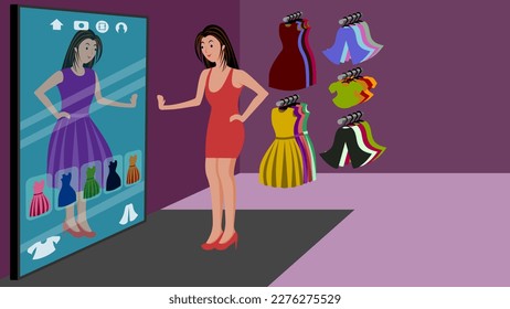 
Smart virtual mirror technology concept illustration with girl trying different dresses in boutique, augmented reality technology in fashion concept illustration.