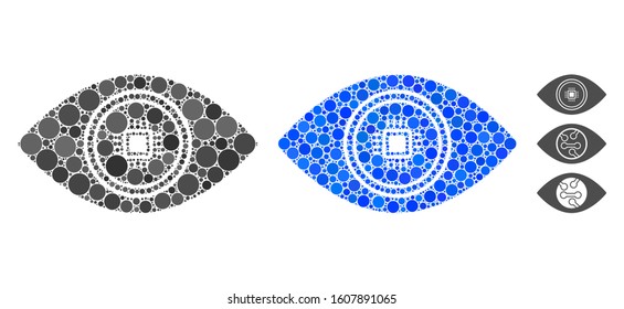 Smart vision eye composition of circle elements in variable sizes and color hues, based on smart vision eye icon. Vector circle elements are organized into blue composition.