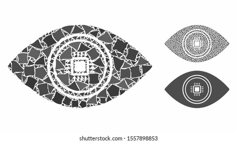 Smart vision eye composition of ragged items in variable sizes and color tinges, based on smart vision eye icon. Vector ragged items are composed into composition.