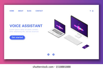 Smart voice assistant application banner on laptop, computer and phone. Isometric vector illustration.