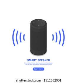 Smart voice assistant. Black portable loudspeaker on white background. Isometric vector realistic illustration.