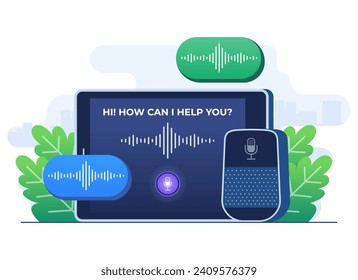 Smart voice assistant flat illustration vector template, Female character control home IOT system through wireless commands on speakers and microphone, Virtual assistant, Voice control on tab screen