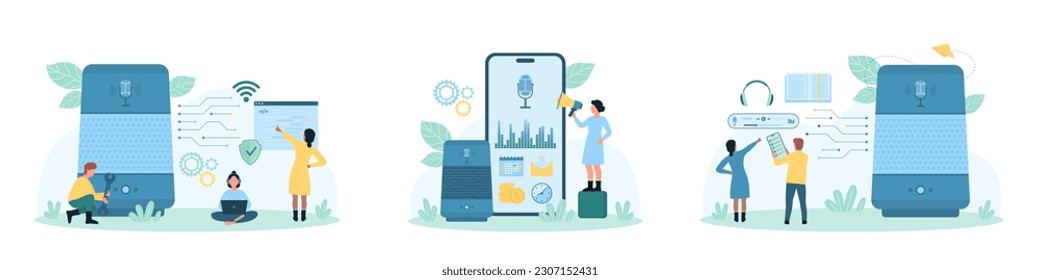 Smart voice assistant set vector illustration. Cartoon tiny people control voice assistant with mobile app in phone, speakers and megaphone, record sound waves of voice to command AI and equipment