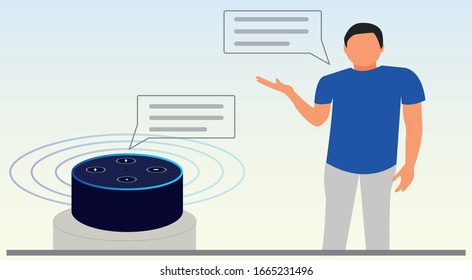 Smart voice assistant speaker with man vector flat design