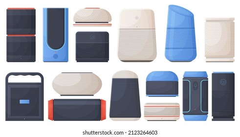 Smart voice assistant, wireless speaker user control devices. Voice-controlled virtual assistants vector illustration set. Smart home technology devices. Portable loudspeaker for interaction