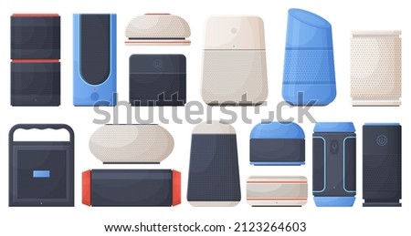 Smart voice assistant, wireless speaker user control devices. Voice-controlled virtual assistants vector illustration set. Smart home technology devices. Portable loudspeaker for interaction