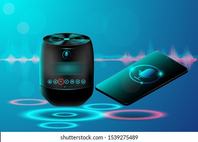 Smart voice control concept. Isometric speaker and smartphone on technology background. IOT Wireless connection controls system on smart home or city.