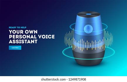 Smart voice recognition gadget. Home adviser or personal assistant. Artificial intelligence technology device.