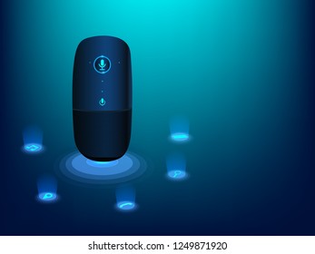 Smart voice recognition gadget. Home adviser or personal assistant. Artificial intelligence technology device.