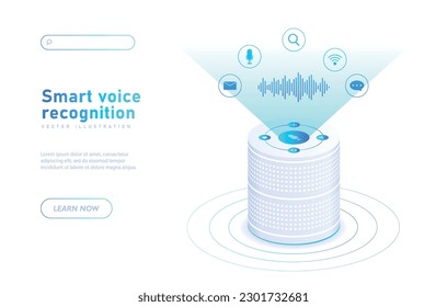 Intelligente Spracherkennung weiß. Intelligenter Lautsprecher mit drahtlosen Verbindungen zu Geräten und Geräten. Wi-Fi, Bluetooth und Internet. Landing Page Design. Isometrische Vektorgrafik