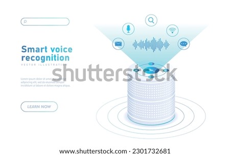 Smart voice recognition white. Smart speaker with wireless connections to devices and gadgets. Wi fi, bluetooth and internet. Landing page design. Isometric vector illustration