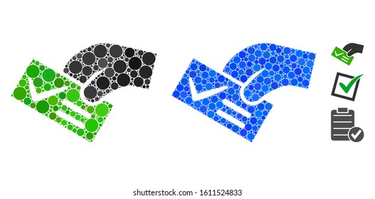 Smart vote mosaic of filled circles in variable sizes and color tones, based on smart vote icon. Vector small circles are united into blue mosaic. Dotted smart vote icon in usual and blue versions.