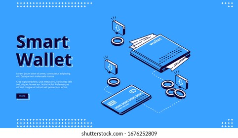 Smart wallet banner. Mobile payment concept. Vector landing page of electronic finance, virtual transaction with isometric icon of banking card on smartphone screen. Shopping, transfer money concept