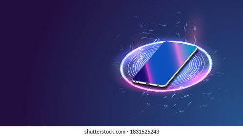 Smart wallet concept with credit, debit card payment application. Gadget of the future, smartphone tech payment. Flat Isometric vector illustration. E-payment screen