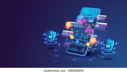 Smart wallet concept with credit or debit card payment application on smartphone screen. A neon key and lock hovers over the phone. The concept of mobile phone and personal data protection. Vector - Shutterstock ID 2083048594