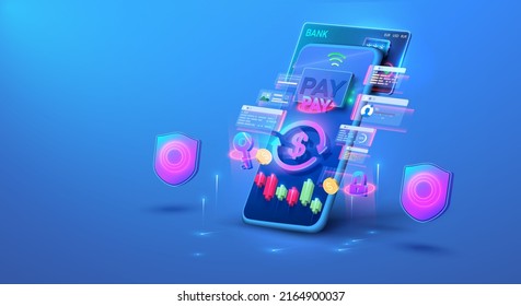 Smart wallet concept credit or debit card payment application on smartphone screen. Future blue smartphone payment technology. Online security. Exchange, purchase of currency and cryptocurrencies. 