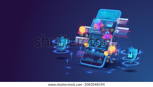 Smart wallet concept with credit or debit card\
payment application on smartphone screen. A neon key and lock\
hovers over the phone. The concept of mobile phone and personal\
data protection. Vector