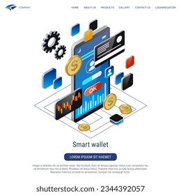 Smart wallet, mobile banking, online transaction modern 3d isometric vector concept illustration