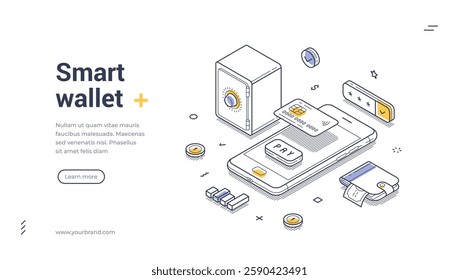 Smart wallet on a mobile device, web banner template showcasing modern finance technology. Digital payment using mobile banking app. Modern isometric line art vector illustration