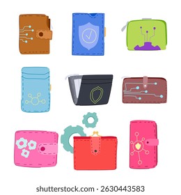 Smart Wallet Set Cartoon. rfid digitale, biometrische Verschlüsselung, App Mobile Smart Wallet Zeichen. einzelne Symbol, Vektorgrafik