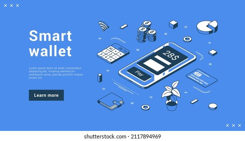 Smart wallet smartphone application for contactless internet payment counting and analyzing finance landing page isometric vector illustration. Money online transaction nfc technology advertising