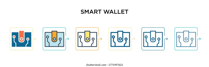 Smart wallet vector icon in 6 different modern styles. Black, two colored smart wallet icons designed in filled, outline, line and stroke style. Vector illustration can be used for web, mobile, ui