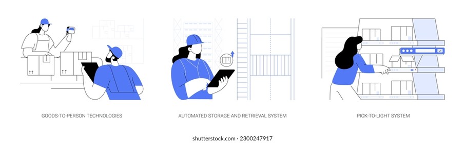 Abstraktes Konzept, Vektorgrafik-Set für Smart Warehouse-Abstrakte. Technologien von Mensch zu Mensch, automatisiertes Lager- und Abholsystem, Lichtsystem, abstrakte Logistikautomatisierung.